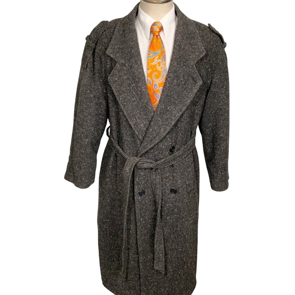 Fidelity Trench Coat Mens 42 Gray Tweed Marled Double Breasted USA VTG Wool